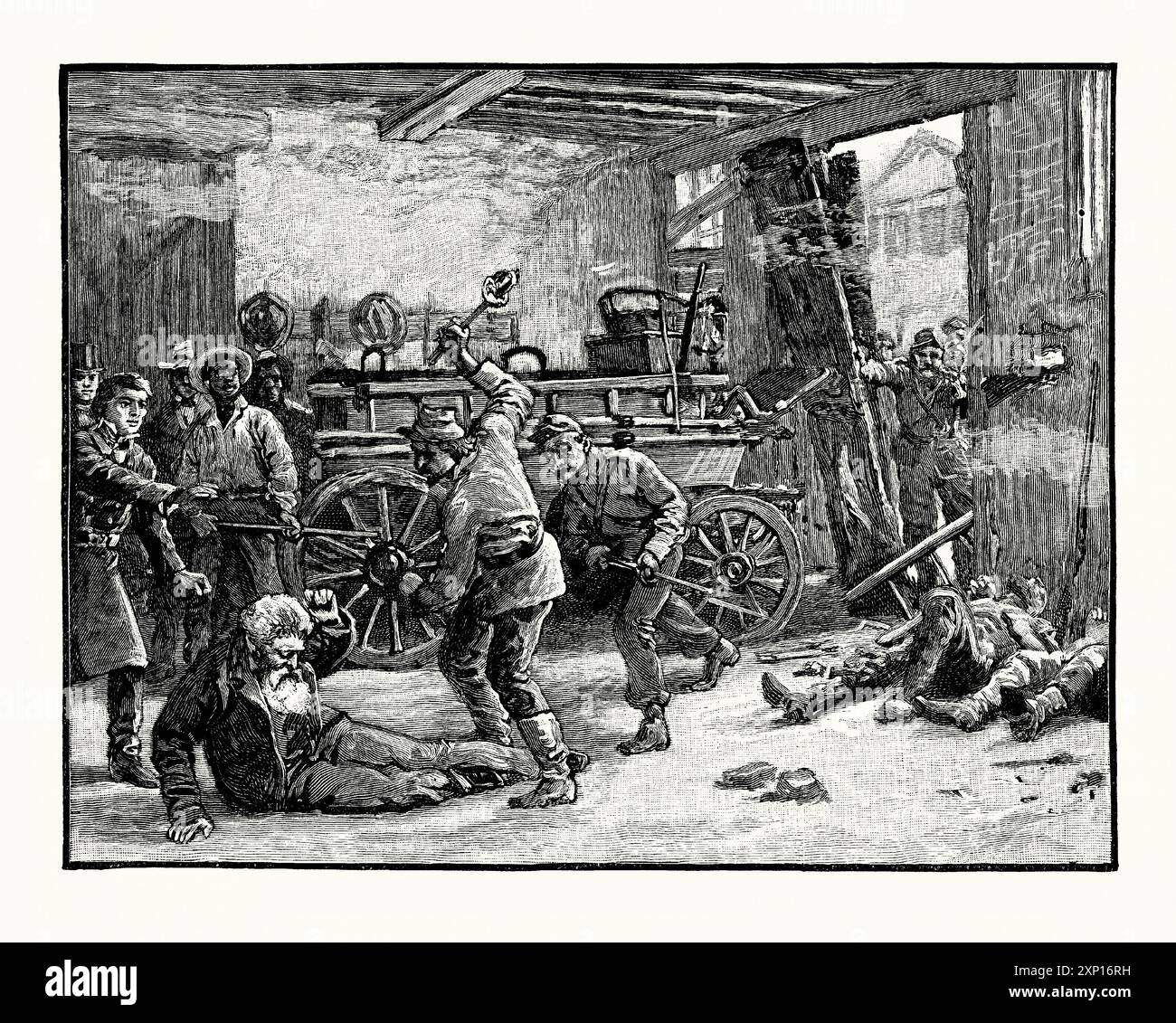 Eine alte Gravur der Gefangennahme der John Brown in einem US-Arsenal bei Harpers Ferry, West Virginia, USA, am 17. Oktober 1859. Es stammt aus einem viktorianischen Geschichtsbuch aus dem jahr 1900. John Browns Angriff auf Harpers Ferry war ein Versuch des Abolitionisten John Brown, eine Sklavenrevolte in den südstaaten zu initiieren, indem er eine Waffenarmee übernahm. Brown flüchtete in das Maschinenhaus des Arsenals. Dies wurde jedoch von US-Marines unter Colonel Robert E. Lee gestürmt. Viele Raider wurden getötet und Brown gefangen genommen. Brown wurde vor Gericht gestellt und angeklagt. Er wurde zum Tode verurteilt und am 2. Dezember 1859 gehängt. Stockfoto