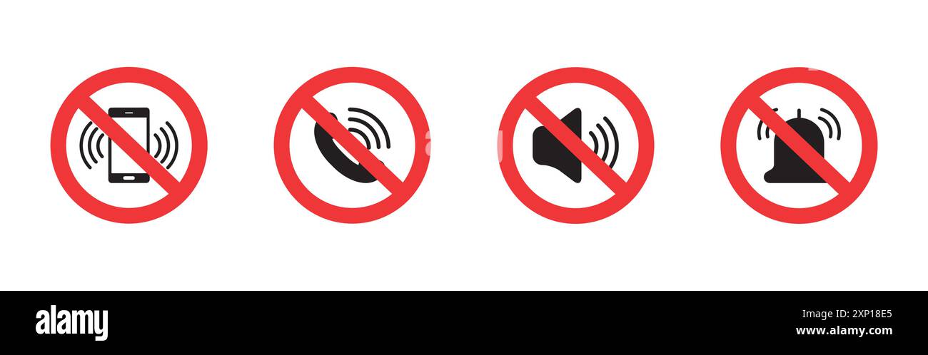 Symbol für Einstellung des Silent-Modus. Verbotszeichen. Deaktivieren Sie das akustische Piktogramm. Verbotsschilder für öffentliche Orte. Vektor Stock Vektor