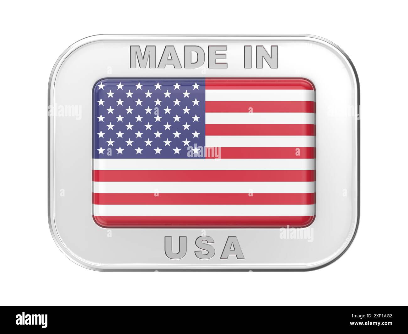 Hergestellt in den USA, silbernes Abzeichen mit der Flagge der Vereinigten Staaten von Amerika Stockfoto