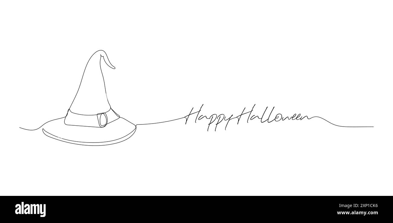 Eine Linie Illustration, Umriss des Hexenhutes, Happy halloween. Einfacher Vektor Stock Vektor