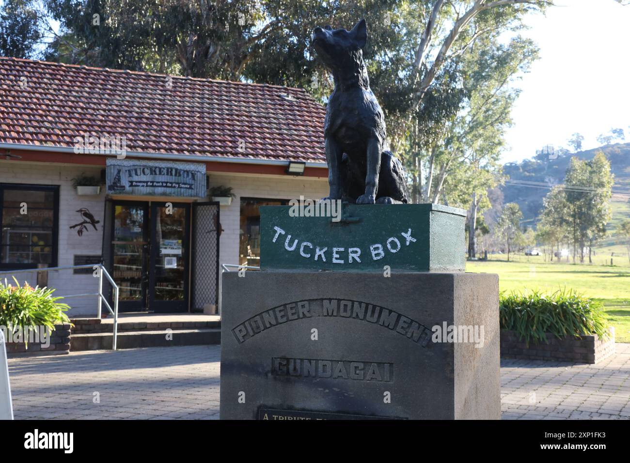 Dog on the Tuckerbox Statue, in der Nähe von Gundagai, NSW, Australien Stockfoto