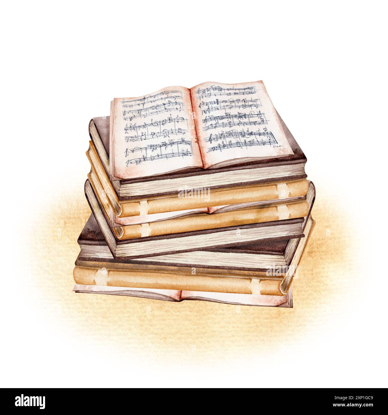 Notenbuch auf einem Stapel von alten Büchern und Notenblättern für Manuskripte. Vintage-Postkarte oder Poster-Komposition. Handgezeichnete Aquarellillustration Stockfoto