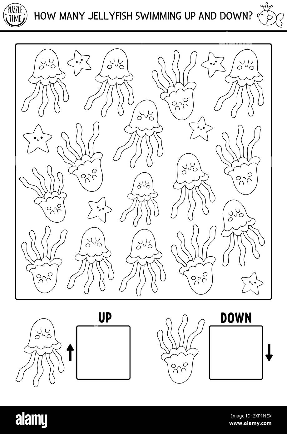 Mermaid Logic Schwarz-weiß-Spiel mit auf- und Abwärtskonzept für Kinder mit Quallen. Ich spioniere auf der Suche nach Aktivitäten. Märchenhaftes Ocean Kingdom-Muster Stock Vektor