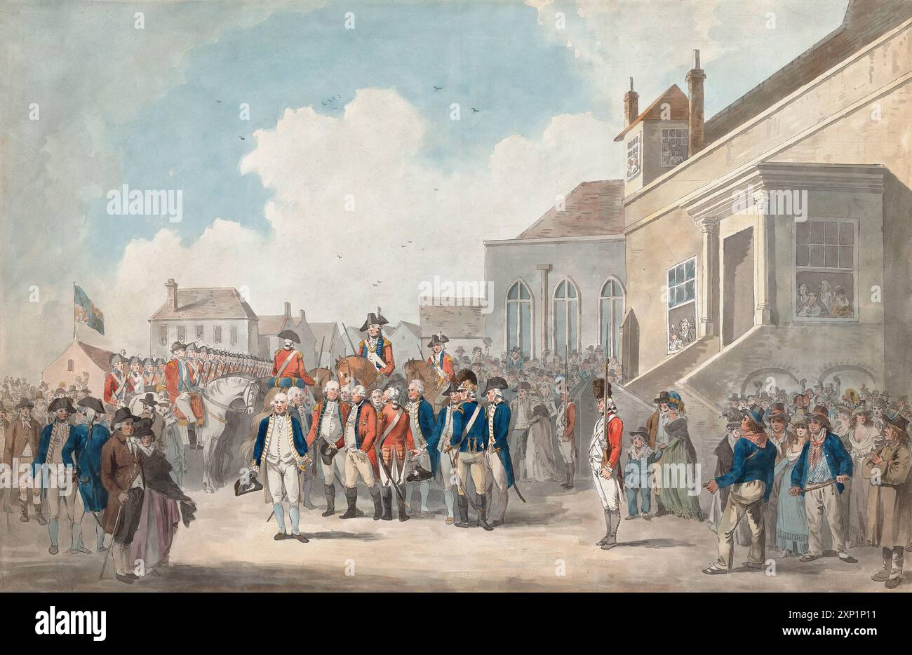 Ein Gemälde von König George III. Besuch in Portsmouth von unbekanntem Künstler nach Edward Dayes Aquarell auf Papier retuschiertes Kunstwerk Aquarell mit Gouache über Graphit aus dem 18. Jahrhundert Stockfoto