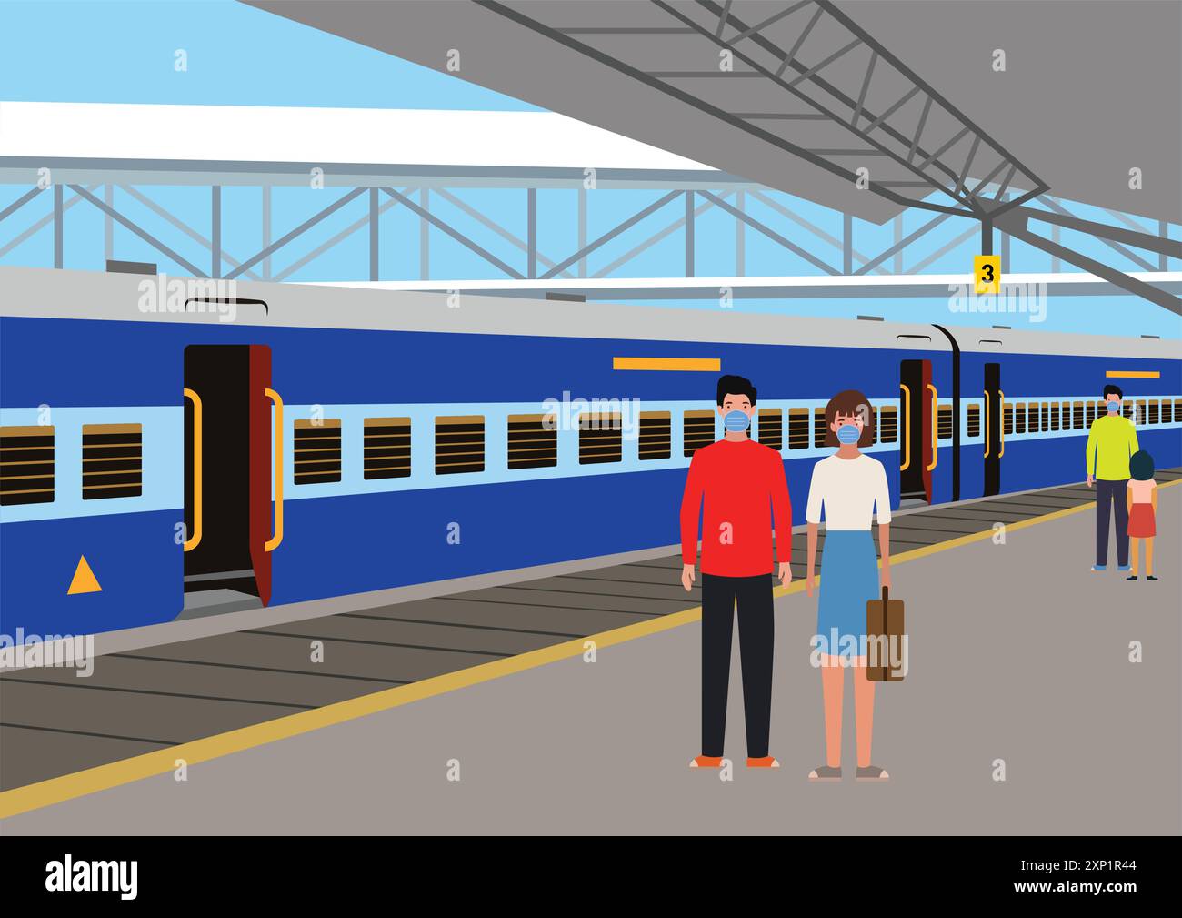 Vektorillustration von Bahnhof und Zug auf Bahnsteig und Fahrgästen mit Maske. Konzept des öffentlichen Nahverkehrs. Stock Vektor