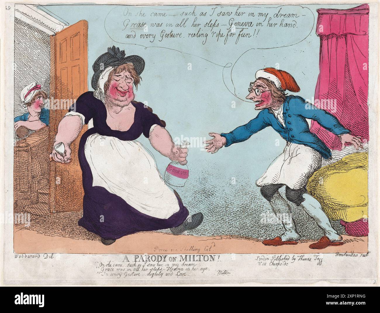 Ein humorvoller Cartoondruck farbiger Gravur einer Parodie auf Milton, 1807 Aquarellätzung auf Papier menschliche Karikaturen Vintage georgianische Ära, geschaffen von Thomas Rowlandson Kunstwerk Stockfoto