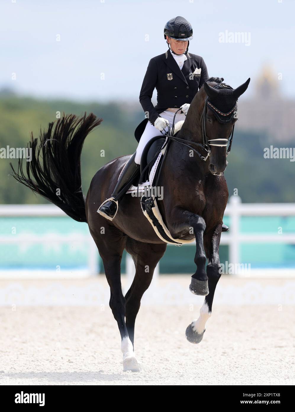 Versailles, Frankreich. August 2024. Olympia, Paris 2024, Pferdesport, Dressur, Team, das Finale: Isabell Werth reitet Wendy. Quelle: Rolf Vennenbernd/dpa/Alamy Live News Stockfoto