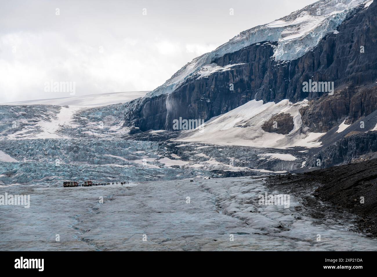Athabasca-Gletscher mit Menschen und Columbia-Eisfeld-Fahrzeug, Jasper-Nationalpark, Kanada. Stockfoto