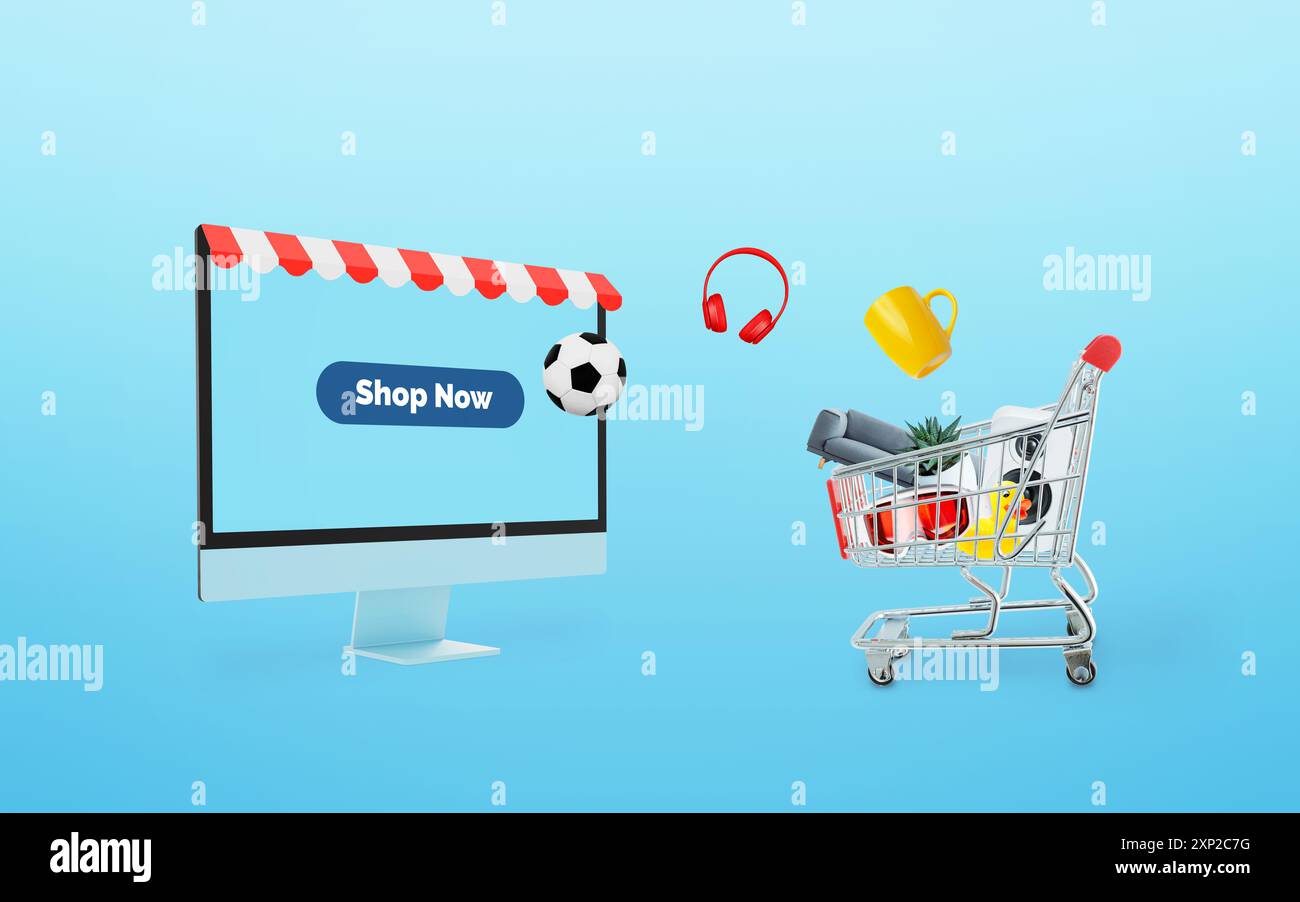 Computerdisplay mit Markise im Geschäft, Schaltfläche „jetzt kaufen“ und Produkten, die in einen Warenkorb springen. Konzept des Online-Shoppings Stockfoto