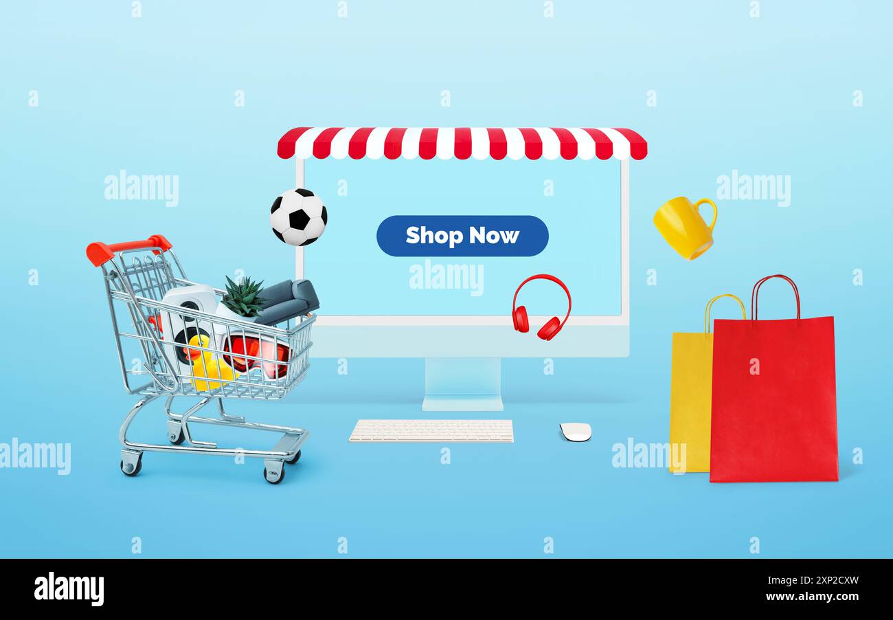 Online-Shopping-Szene mit einem Computerdisplay mit „jetzt kaufen“, einem Einkaufswagen, Produkten und Taschen. Konzept des elektronischen Geschäftsverkehrs Stockfoto