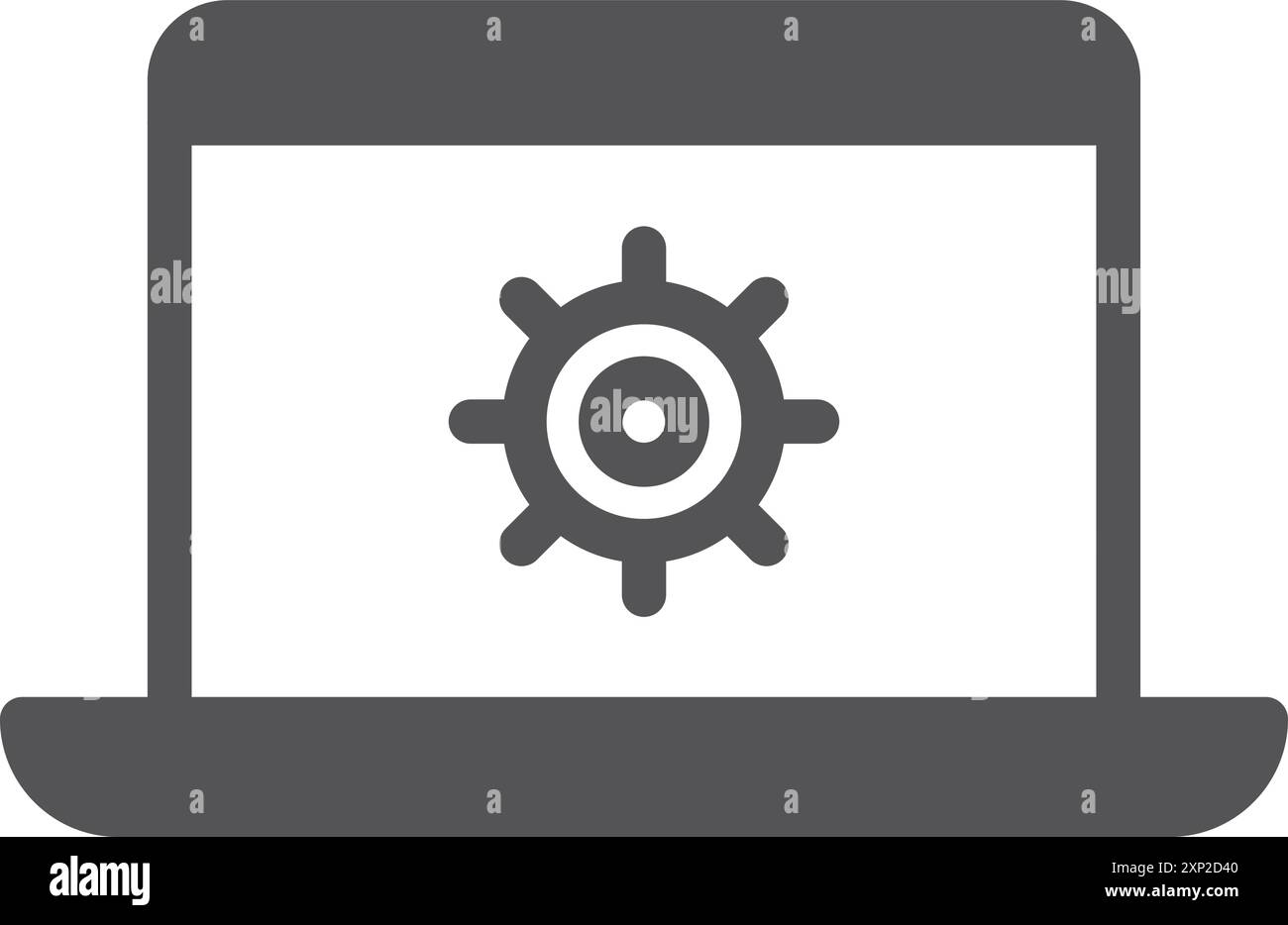 Schwarzes Symbol für Zahnrad auf dem Laptop-Bildschirm. Computerprozesse Stock Vektor