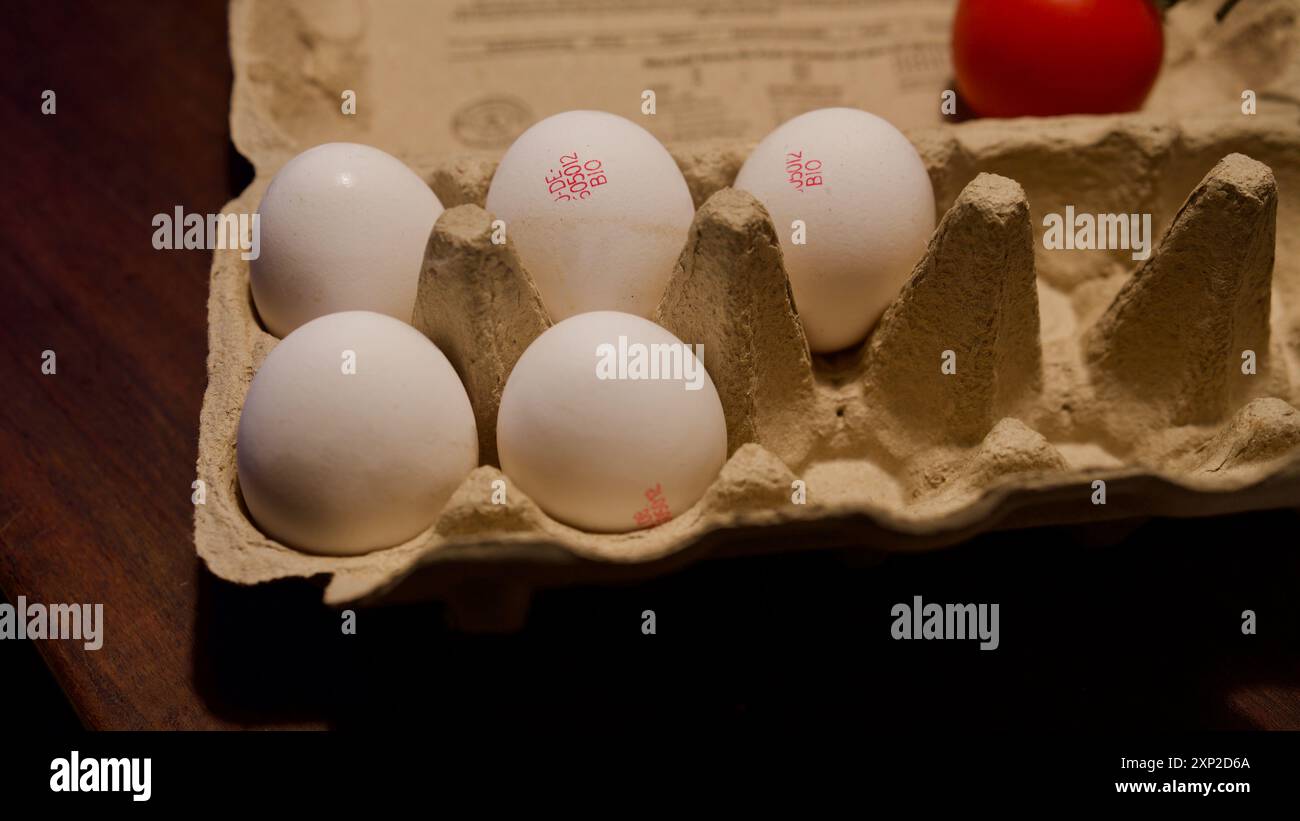 Bio-Eier in einem recycelten Karton. Stockfoto