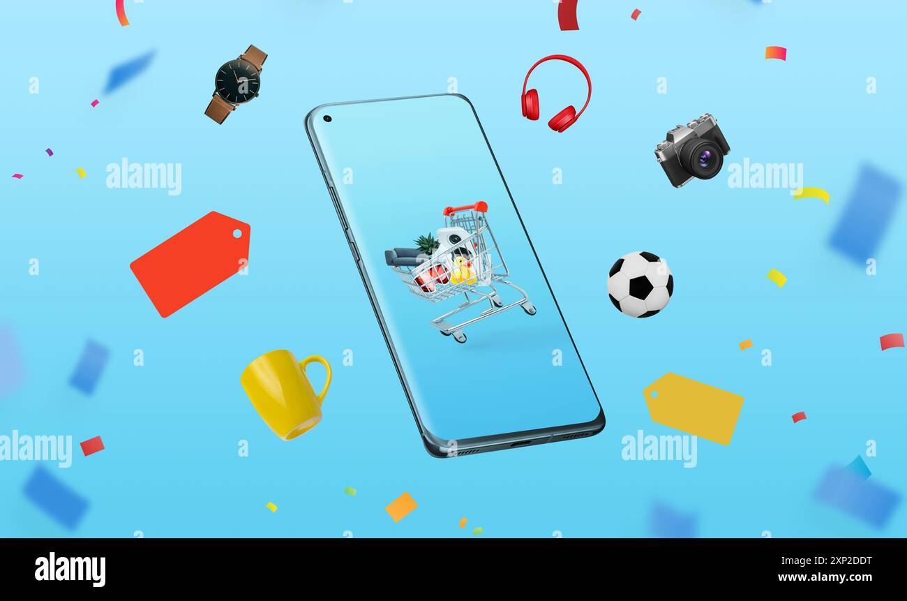 Warenkorb umgeben von verschiedenen Produkten und Verkaufsbändern. Betont das Konzept des Online-Shoppings mit Schwerpunkt auf Werbeaktionen und dem digitalen Einzelhandel Stockfoto