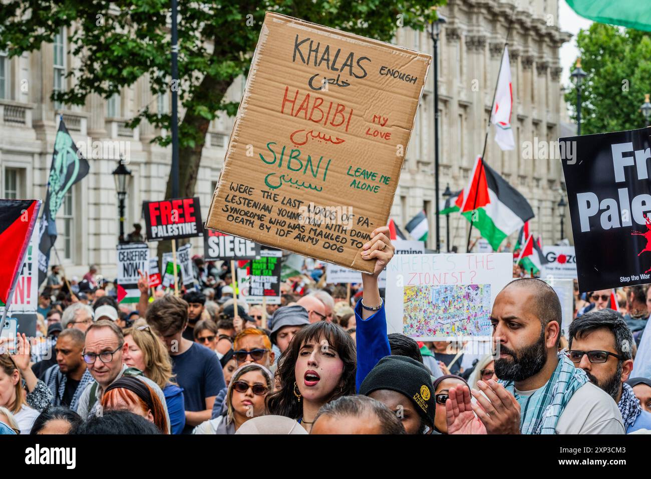 London, Großbritannien. August 2024. Ein Schild mit den (angeblichen) letzten Worten eines von einem israelischen Armeehund zu Tode zerfleischten Jungen - nationale Demonstration und marsch für Gaza von der Park Lane zum Parlament. Der pro-palästinensische Protest forderte auch ein "Ende des Genozids", die Waffenruhe jetzt und forderte Keir Starmer auf, die Bewaffnung Israels zu beenden. Der Protest wurde von Stop the war, der Palestine Solidarity Campaign UK und Friends of Al Aqsa organisiert. Guy Bell/Alamy Live News Stockfoto