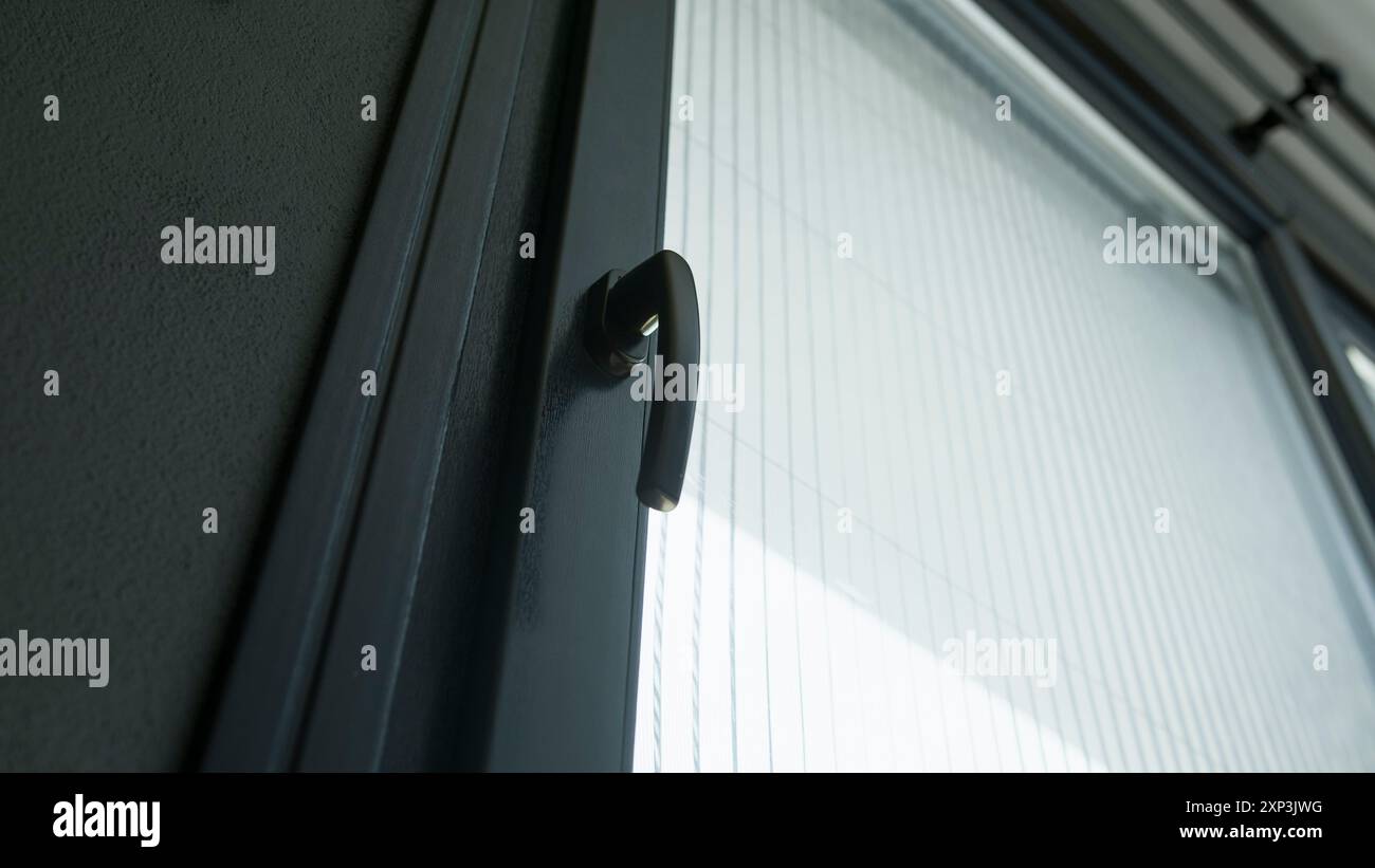 Moderner Fenstergriff an einer Glasscheibe, betont zeitgenössisches Design und Architektur. Stockfoto