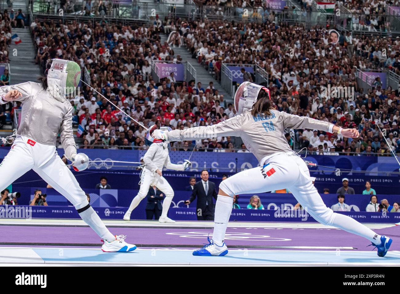 Paris, Frankreich. August 2024. Paris, Frankreich 03.08.2024, Sarah Balzer (FRA), Fencing, Women&#39;s Sabre Team während der Olympischen Spiele Paris 2024 am 3. August 2024 in der Champ-de-Mars Arena in Paris, Frankreich Stockfoto