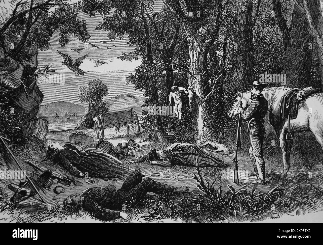 Us. Eine Siedlerfamilie, die 1862 von Sioux während des Aufstands in Minnesota ermordet wurde. Frank Leslies Illustrierte Zeitung, 1862. Gravur. Stockfoto