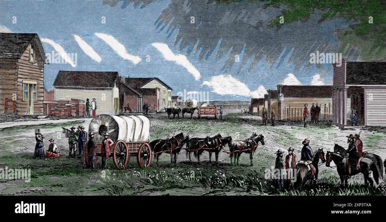 Us. Hauptstraße von Yankton, Dakota Territory. 1865. Harper's Weekly. Gravur. Stockfoto