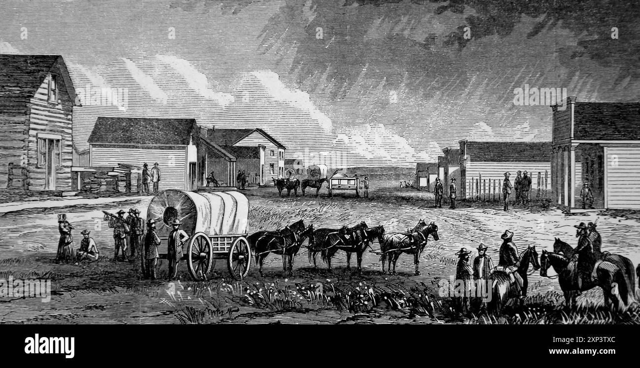 Us. Hauptstraße von Yankton, Dakota Territory. 1865. Harper's Weekly. Gravur. Stockfoto