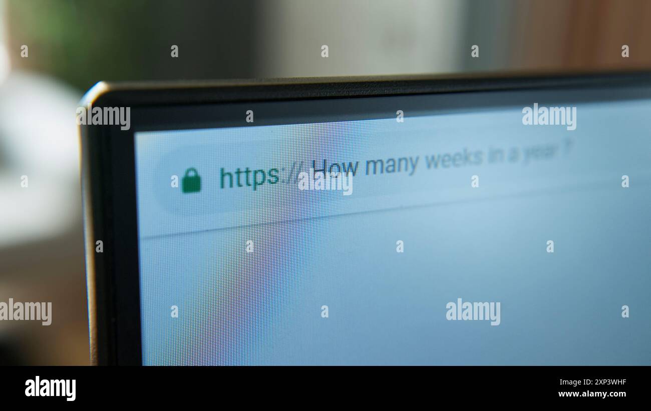 Nahaufnahme eines Computerbildschirms mit der Suchabfrage „wie viele Wochen in einem Jahr?“. Digitale Tools für schnelle Informationen, Technologie für Lernende Stockfoto