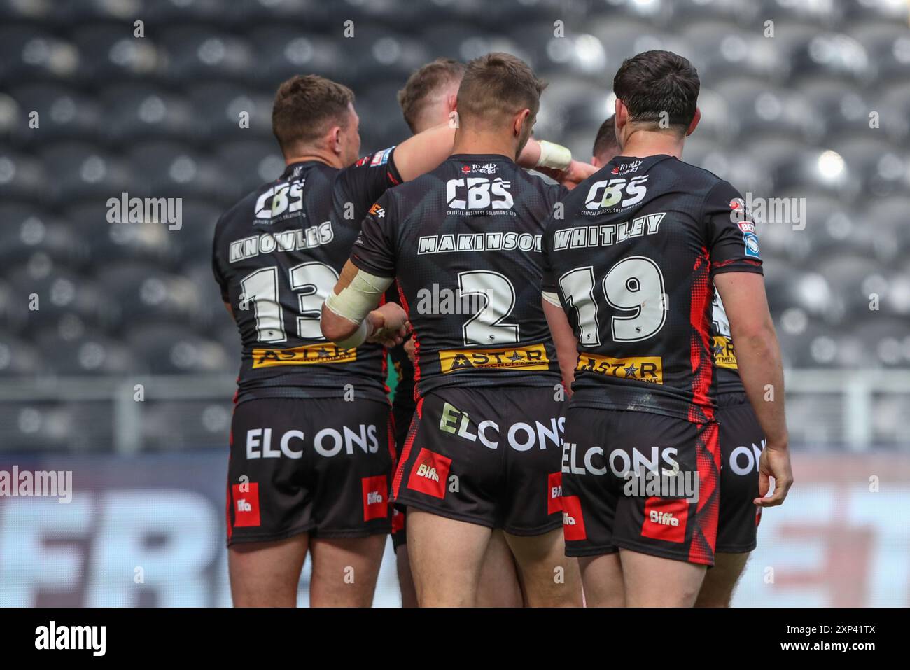 Jake Burns von St. Helens feiert seinen Versuch während des Spiels Hull FC gegen St Helens in der Betfred Super League Runde 20 im MKM Stadium, Hull, Vereinigtes Königreich, 3. August 2024 (Foto: Alfie Cosgrove/News Images) in Hull, Vereinigtes Königreich am 3. August 2024. (Foto: Alfie Cosgrove/News Images/SIPA USA) Stockfoto