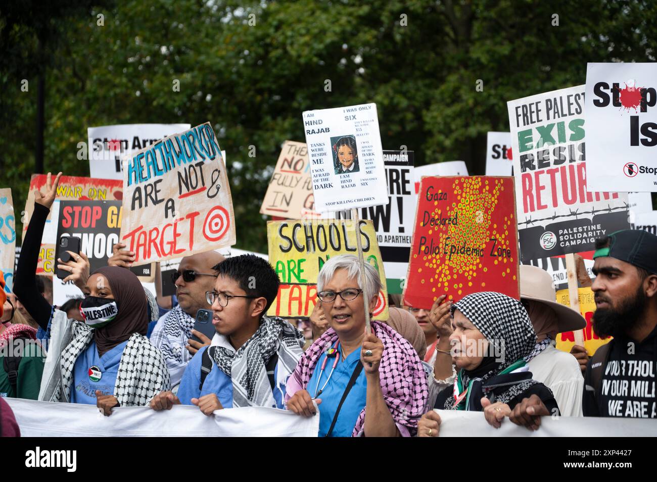 Am 3. August 2024 marschierten Tausende von Menschen durch Zentral-London, um Palästina zu unterstützen, und forderten einen Waffenstillstand und das Ende der Bombardierung von Gaz Stockfoto