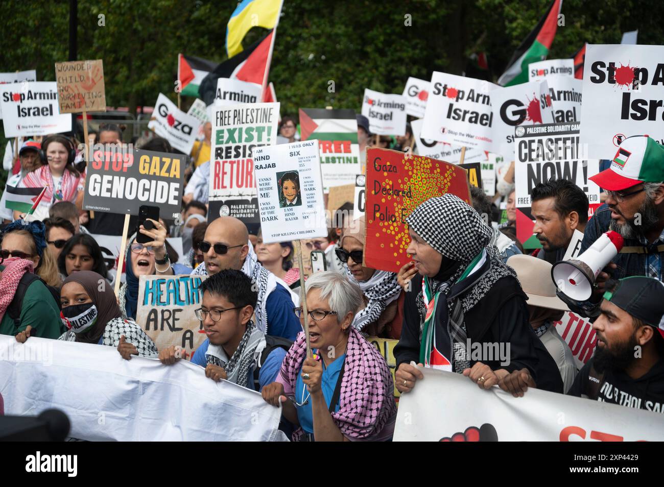 Am 3. August 2024 marschierten Tausende von Menschen durch Zentral-London, um Palästina zu unterstützen, und forderten einen Waffenstillstand und das Ende der Bombardierung von Gaz Stockfoto