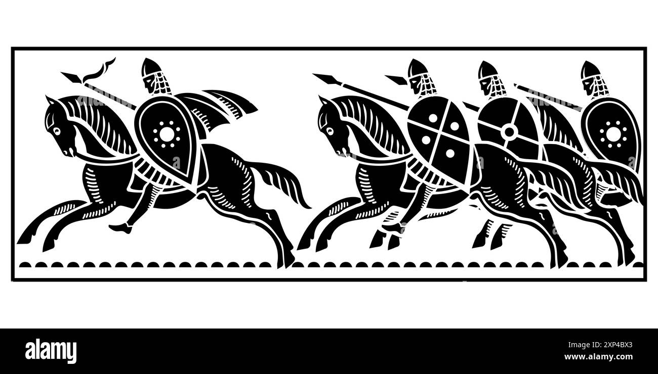 Design im altnordischen Stil. Alte keltische skandinavische Krieger mit Schwertern, Schilden und Reiten. Stock Vektor