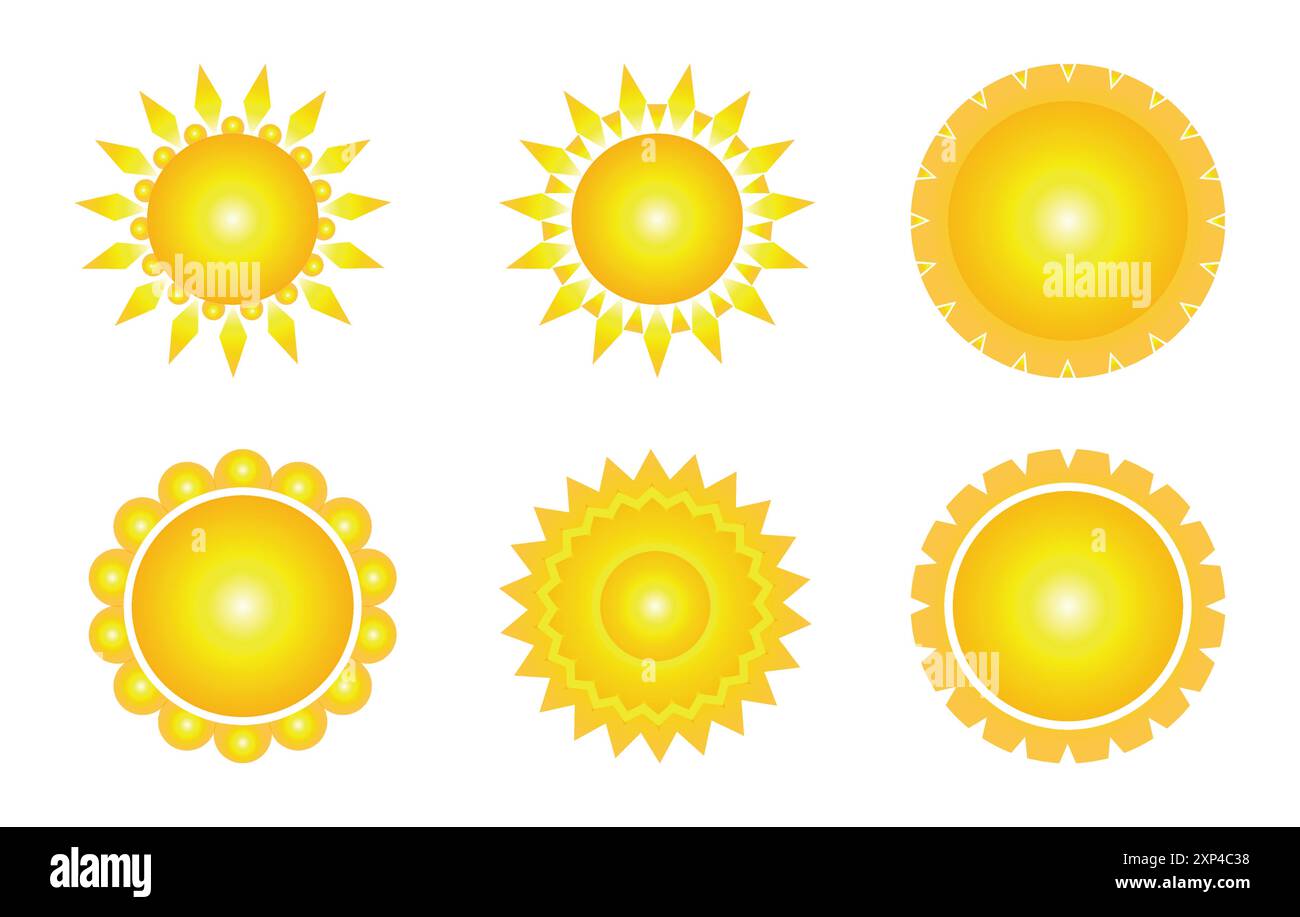 Sonnenvektorsatz von sechs in gelber Farbe im Verlaufsstil auf weißem Hintergrund. Simple Icons Kollektion von Sun. Gelbe Sonne, Sonnenuntergang und Sonnensymbol Set. Stock Vektor