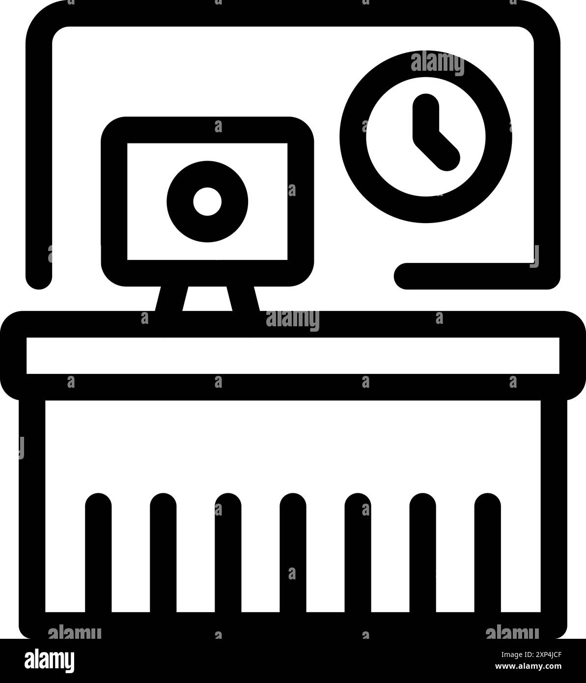 Zeilensymbol eines Büroarbeitsplatzes mit Computer, Schreibtisch, Uhr und Tafel Stock Vektor
