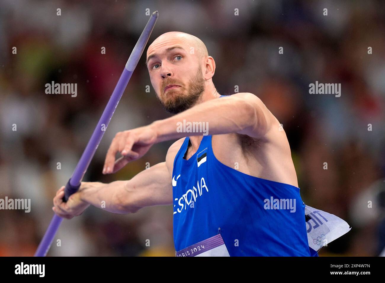 Karel Tilga, of Estonia, competes in the decathlon javelin throw at the 2024 Summer Olympics, Saturday, Aug. 3, 2024, in Saint-Denis, France. (AP Photo/Matthias Schrader) Stockfoto
