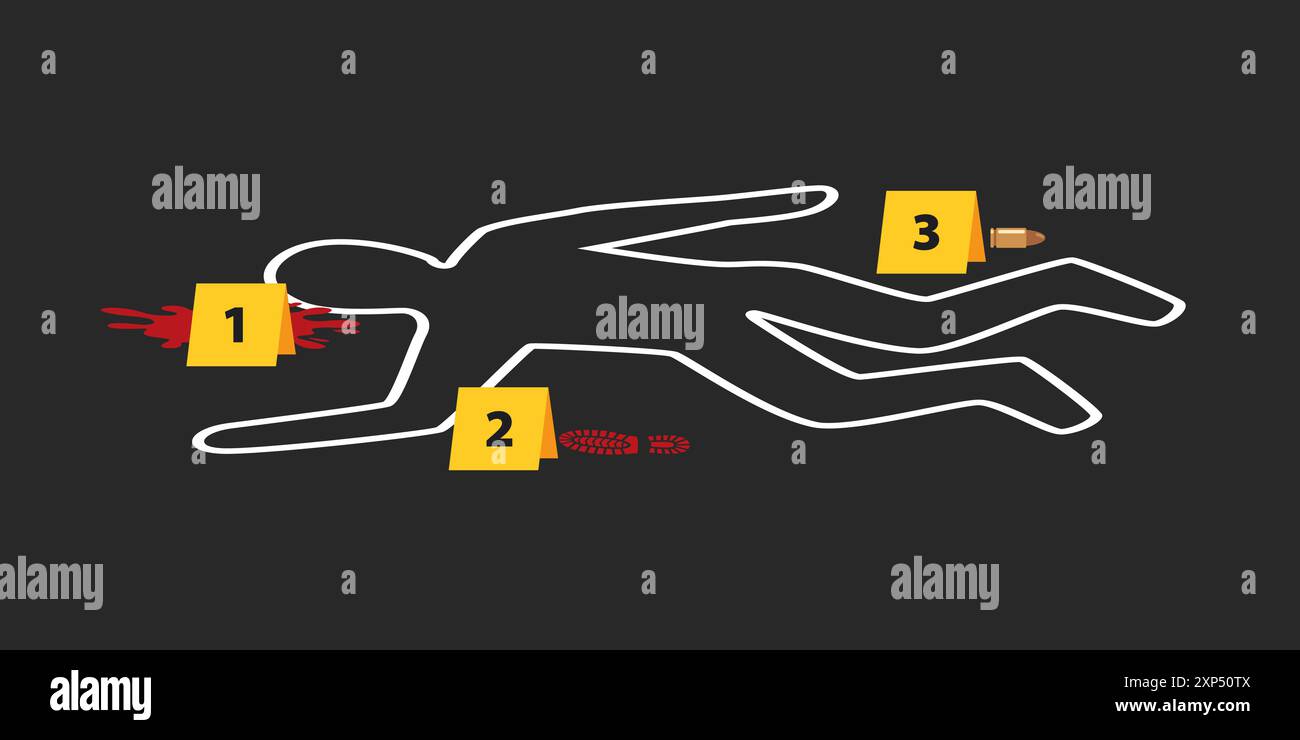 Kreide umrissene Illustration des Mordopfers mit Beweismarkierungen. Leiche mit Blut. Kriminologie Polizei Kriminalitätsuntersuchungsszene. Vektorillustraten Stock Vektor