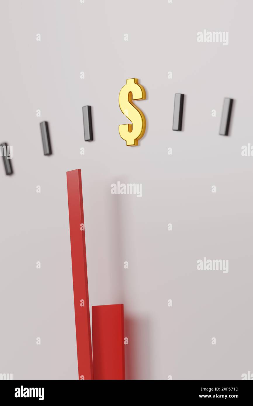 Nahaufnahme einer Uhr mit Dollarzeichen auf den Stunden. Zeit ist Geld. 3D-Abbildung. Stockfoto