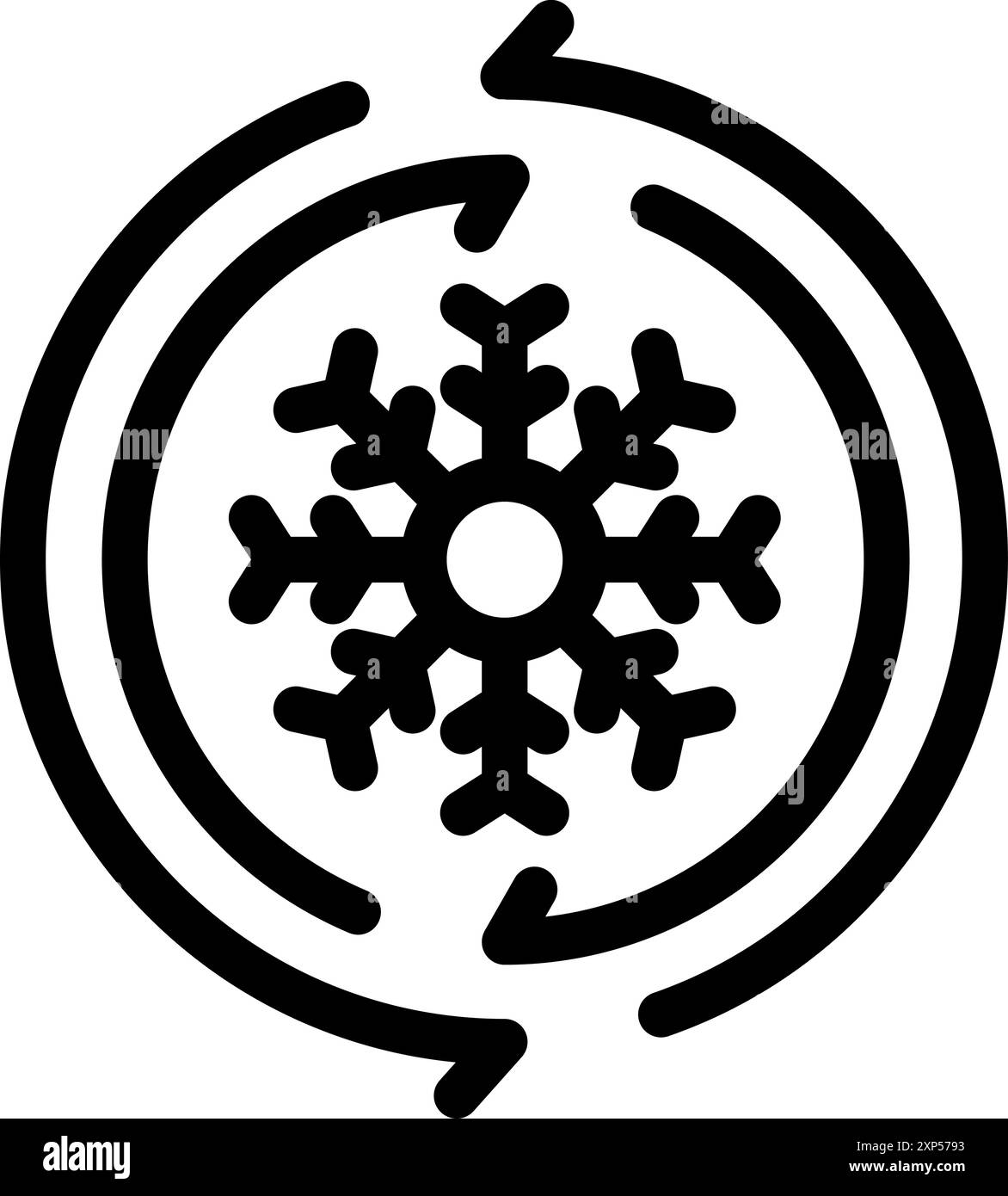 Einfaches schwarz-weißes Symbol einer Schneeflocke, umgeben von drei Pfeilen, die einen Kreis bilden und das Konzept der Tiefkühlkost symbolisieren Stock Vektor