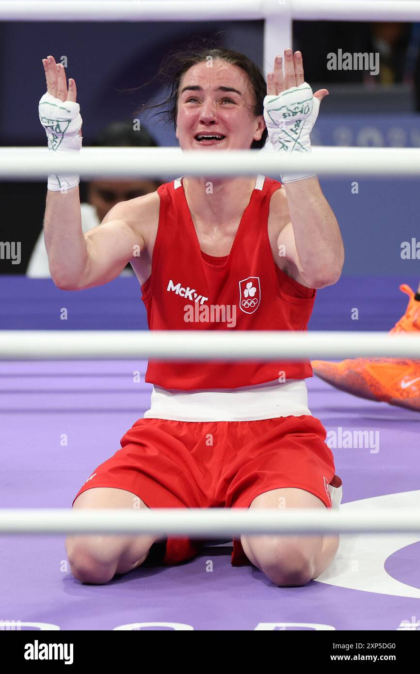 Irlands Kellie Harrington gewann 60 am achten Tag der Olympischen Spiele 2024 in Paris den Viertelfinalkampf der Frauen gegen die brasilianische Beatriz Ferreira in der North Paris Arena. Bilddatum: Samstag, 3. August 2024. Stockfoto