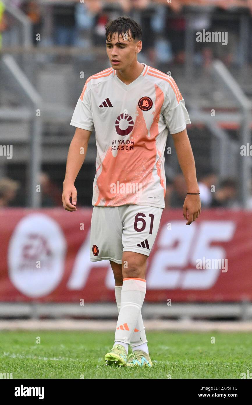 Niccolo Pisilli von A.S. Roma während des Freundschaftsspiels zwischen A.S. Roma und Olympiacos F.C. im Centro d'Italia Stadium - 'Manlio Scopigno' am 3. August 2024 in Rieti, Italien. Stockfoto