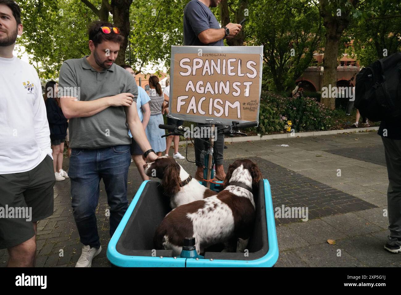 Csstle Park, Bristol, Großbritannien. August 2024. Antifaschisten waren heute Abend einer Gruppe von etwa 200 direkt im Bristol Caastle Park deutlich überlegen. Es gab eine starke Polizeipräsenz, zusammen mit vermummten Polizisten und Hundehaltern. ALMAY LIVE NEWS Credit: Natasha Quarmby/Alamy Live News Stockfoto