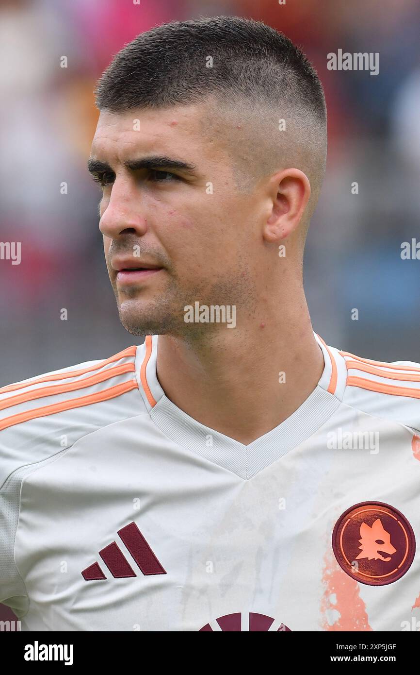 Rieti, Italien. August 2024. Gianluca Mancini von AS Roma während des Freundschaftsspiels zwischen Roma und Olympiakos im Manlio Scopigno Stadion, Rieti, Italien, 03. August 2024. (Foto: massimo insabato/Alamy Live News Stockfoto