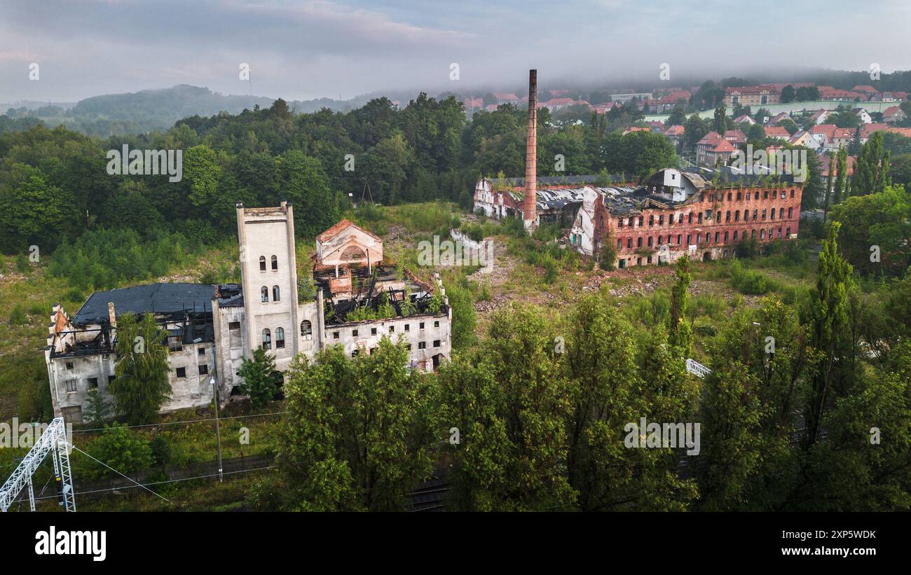 Verlassener Industriekomplex, umgeben von üppigem Grün im frühen Morgenlicht Stockfoto