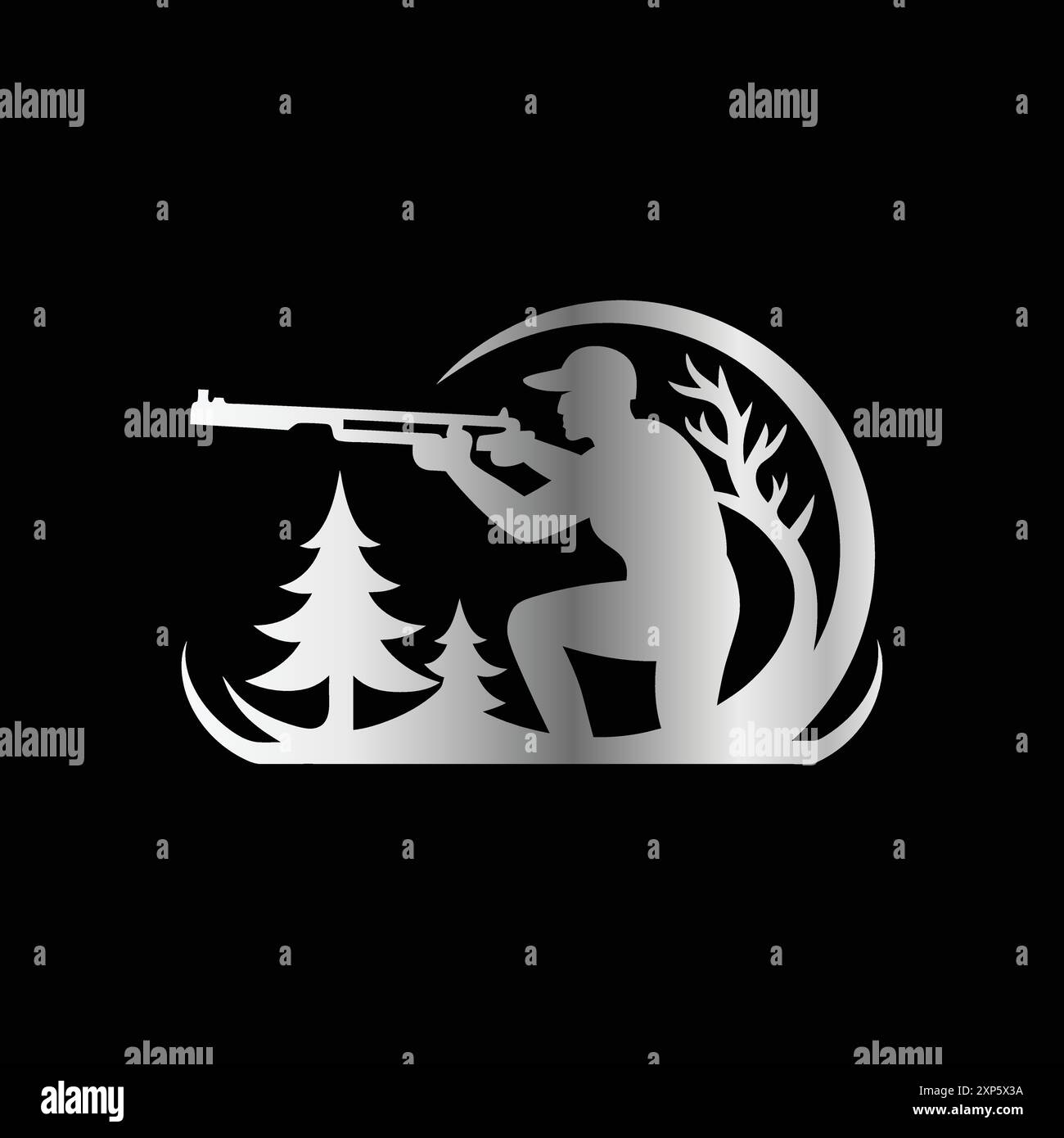 Jagdclub-Logo. Jäger mit Pistole und Hirsch. Vektorabbildung Stock Vektor