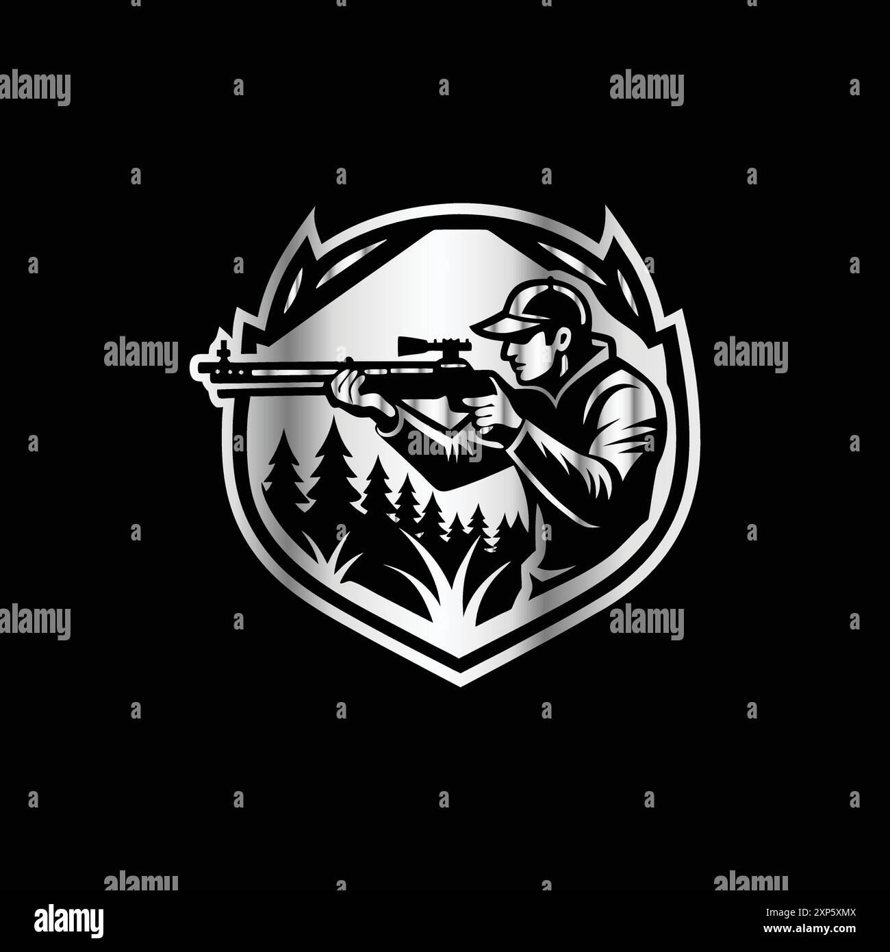 Jagdclub-Logo. Jäger mit Pistole und Hirsch. Vektorabbildung Stock Vektor