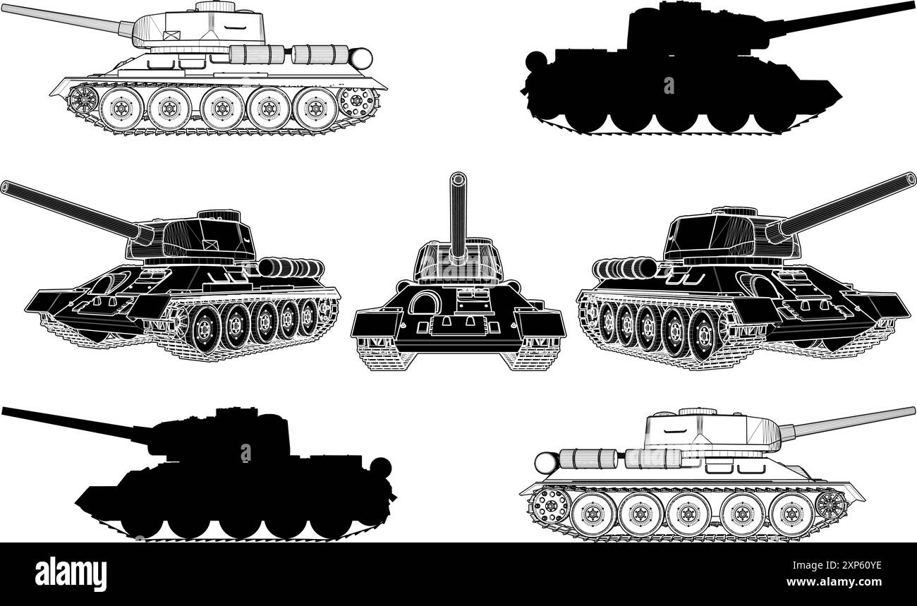 Militärpanzervektor. Sowjetische Panzer des Zweiten Weltkriegs T-34. Abbildung Isoliert Auf Weißem Hintergrund. Stock Vektor