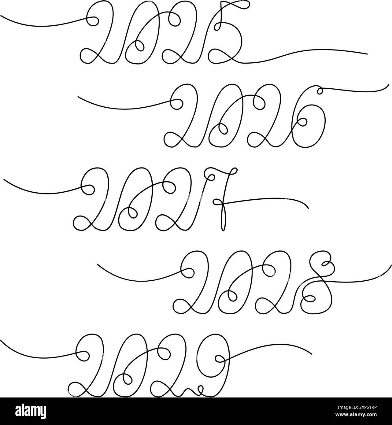 Neujahrsdatum 2025 2026 2027 2028 2029 mit einer durchgehenden Zeile. Satz mit 5 isolierten Designelementen. EPS-Vektorkarten, Poster, Banner, Broschüre, Preisschild, Etikett oder Web, Werbeaktion oder Druck, Textilkonzept Stock Vektor