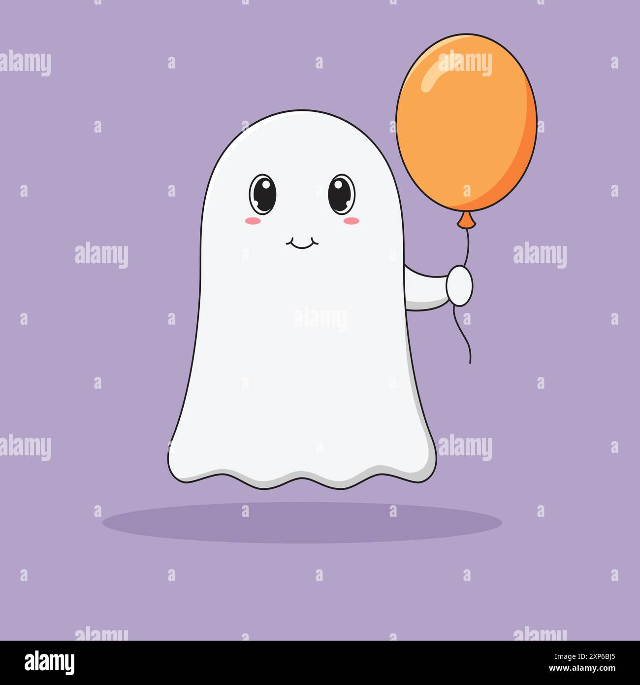 Niedlicher Cartoon-Geist mit orangefarbenem Ballon in der Hand. Halloween Charakter Vektor Illustration auf lila Hintergrund. Stock Vektor