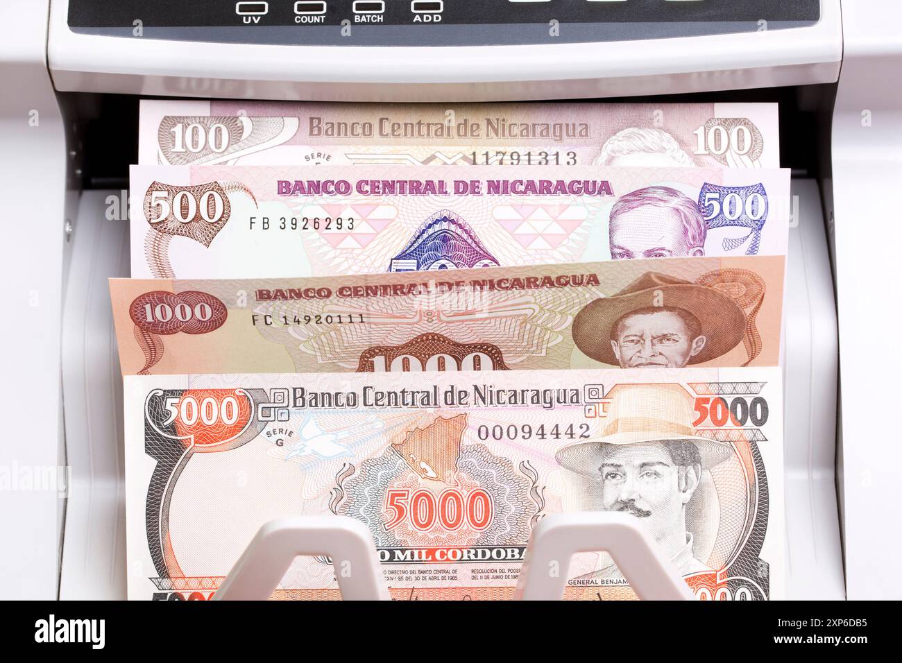 Altes nicaraguanisches Geld - cordoba in der Zählmaschine Stockfoto