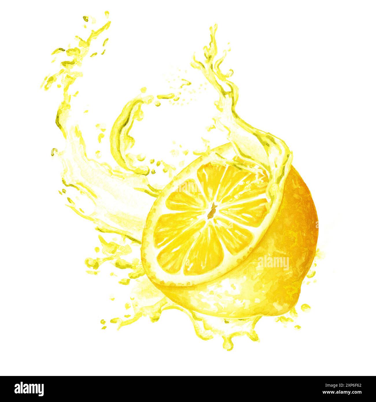 Spritzer Zitronensaft. Handgezeichnete Aquarellillustration isoliert auf weißem Hintergrund Stockfoto