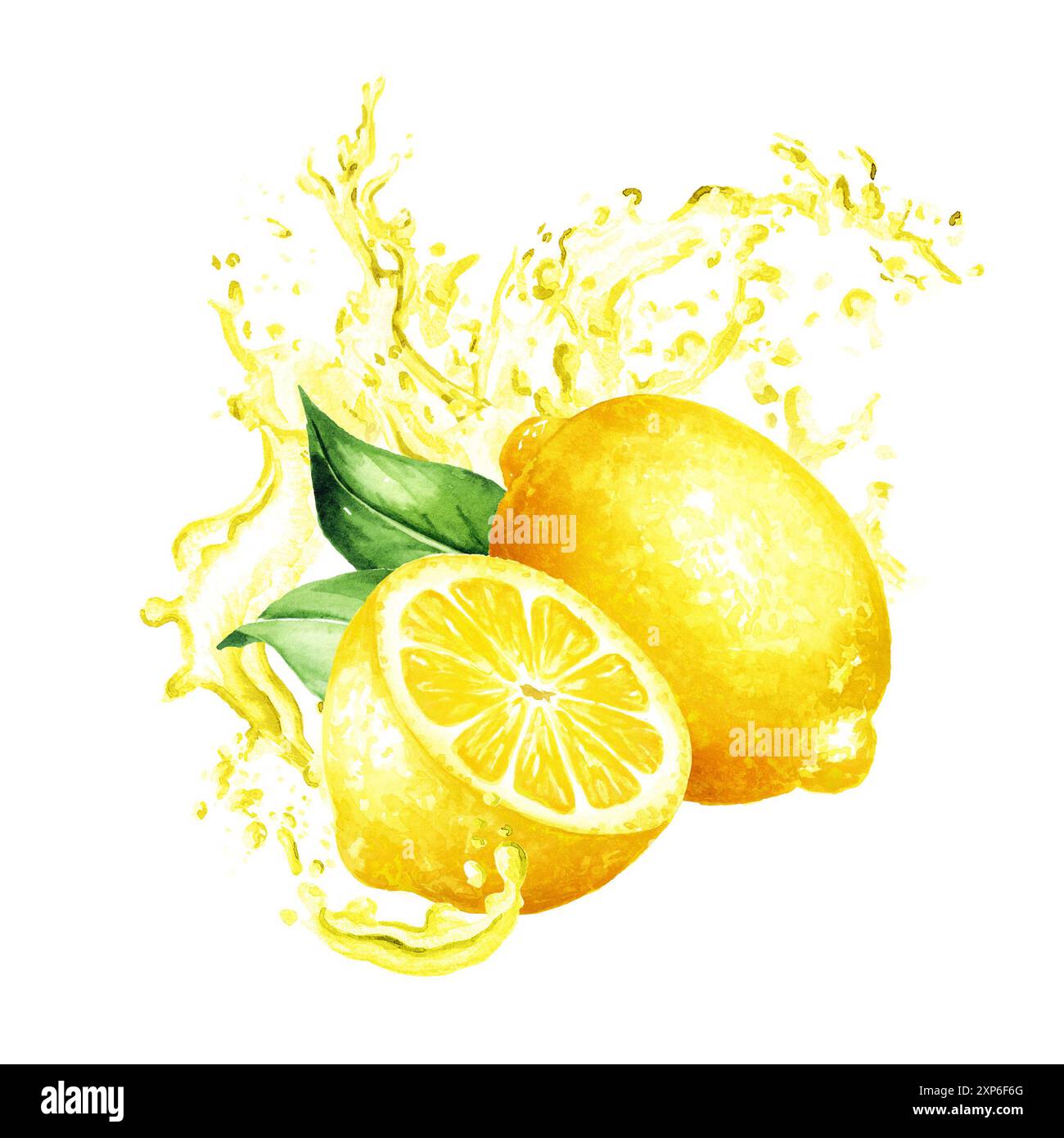 Spritzer Zitronensaft. Handgezeichnete Aquarellillustration, isoliert auf weißem Hintergrund Stockfoto