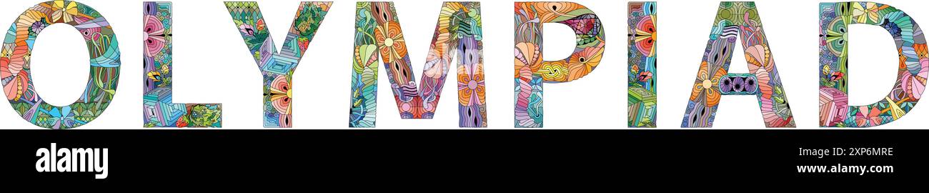 Handgemalte Kunst. Handgezeichnete Illustration Wort OLYMPIADE für T-Shirt und andere Dekoration Stock Vektor