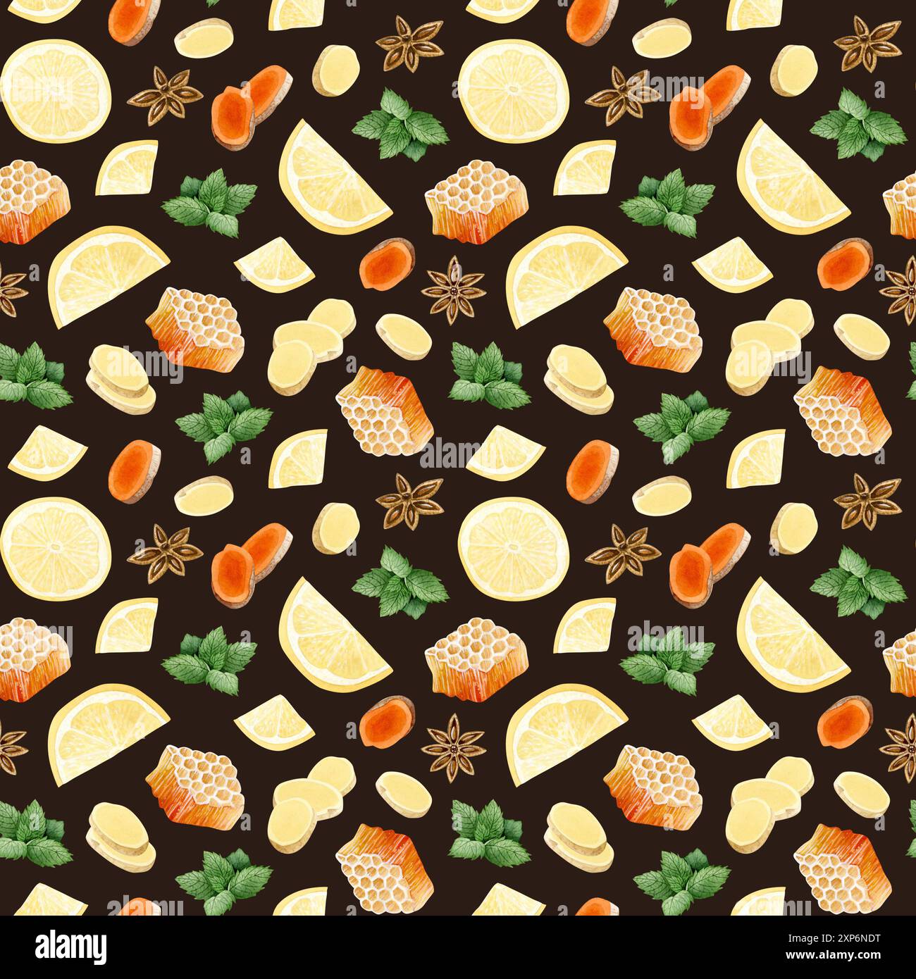 Dunkelbrauner Ingwer, Zitrone, Honig, Kurkuma Scheiben, grüner Minze Anis Sterne nahtloses Aquarellmuster. Bio-Kräutermischung Stockfoto