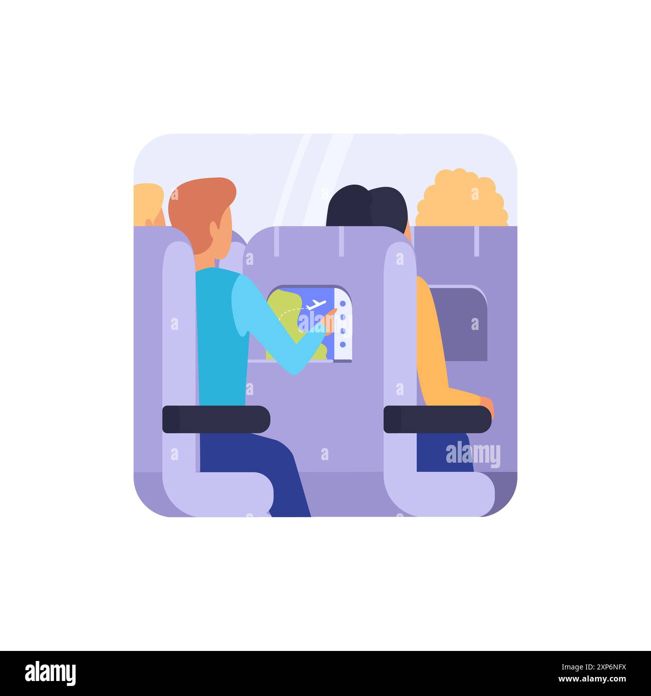 Mann, der auf dem Flugzeugsitz sitzt und auf die Flugkarte auf der digitalen Bildschirmvektorillustration blickt Stock Vektor